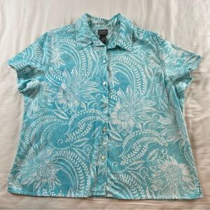 Chico’s Additions Sunflower CAMP Shirt Turquoise White Size 3 Women’s READ